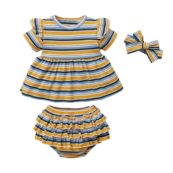 IROINNID Toddler Girl's Stripe Printed Tops Ruffle Shorts Headbands 3PCS Outfits