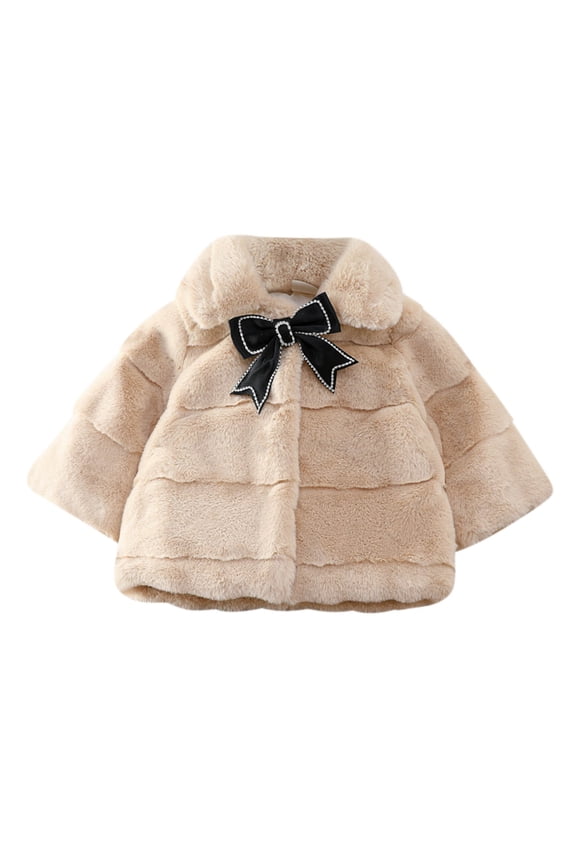 Toddler Girls Solid Color Plush Cute Bow Imitation Rabbit Fur Keep Warm Winter Lapel Thick Coat Cloak