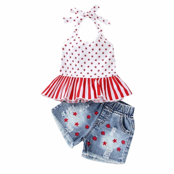 IROINNID Toddler Kids Independence Day Baby Girls Suit Fashion Cute Sweet Star Print Ruffles Jeans 6-12Months