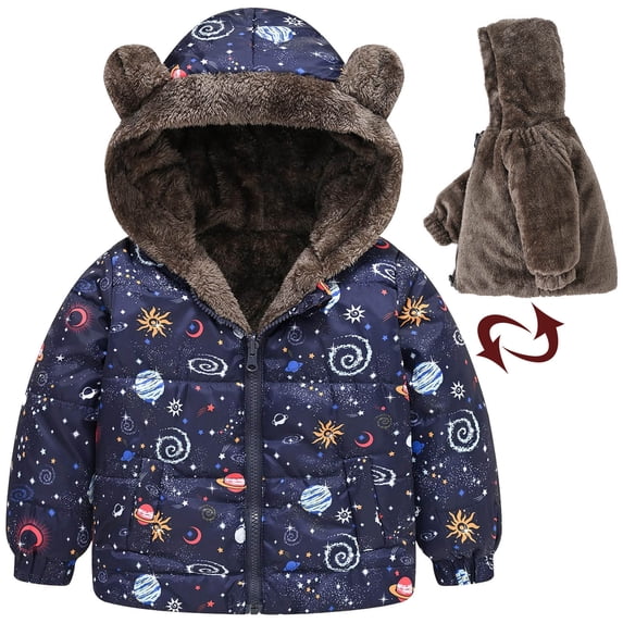 IROINNID Toddler Kids Winter Jacket Cute Print Bear Ear Zipper Plush Thick Thermal Coat Keep Warm Hooded Outerwear,Blue