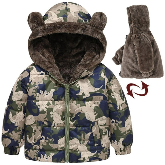 IROINNID Toddler Kids Winter Jacket Cute Print Bear Ear Zipper Plush Thick Thermal Coat Keep Warm Hooded Outerwear,Camouflage