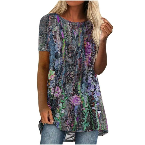 IROINNID Tops For Women Casual Tunic Large Size Printed Short Sleeve Round Neck Pullover Blouse Spring