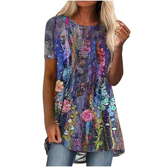 IROINNID Tops For Women Casual Tunic Large Size Printed Short Sleeve Round Neck Pullover Blouse Spring