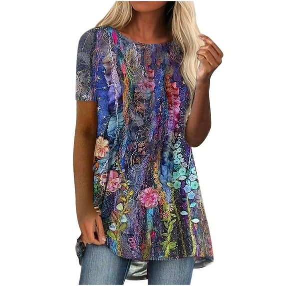 IROINNID Tops For Women Casual Tunic Large Size Printed Short Sleeve Round Neck Pullover Blouse Under $10
