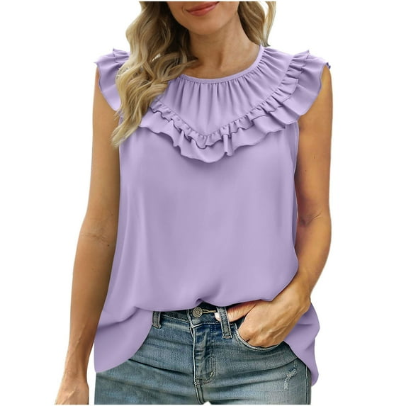 IROINNID Tops For Women Loose Fit Ruffle Sleeveless Blouse Solid Summer Tops Blouse Under 10$