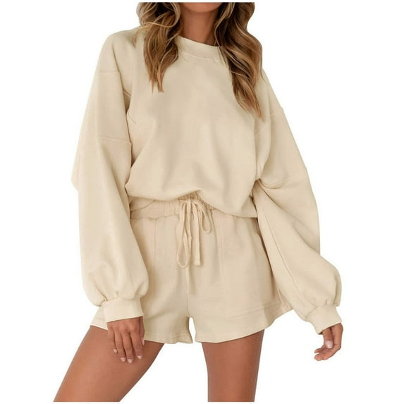 IROINNID Tracksuit For Women 2 Pieces Set Savings Casual Color Clothes Sports Suit Long Sleeve Shorts Set Sport Outfits Set,Beige