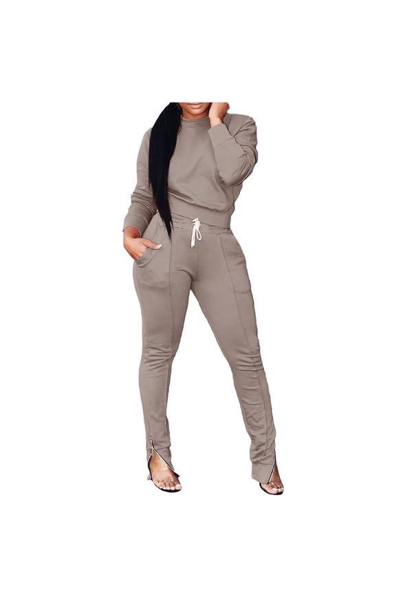 Tracksuit For Women 3 Pieces Set Fashion Women Pocket Round-Neck Casual Long Sleeve Sweatshirt+ Pant Set Jogging Suit,Khaki
