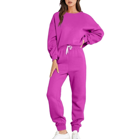 IROINNID Tracksuit For Women 2 Pieces Set Discount Drop Shoulder Sleeves Solid Loose Sweatshirts Long Sleeve Round Neck Tops/Shirt Set Sport Suit,Hot Pink