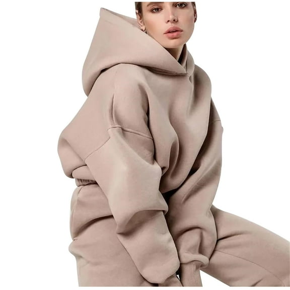 IROINNID Tracksuit For Women 2 Pieces Set Solid Hooded Long Sleeved Sweatshirts Casual Long Sleeved Round Neck Shirt/shirt Set Jogging Suit,Khaki