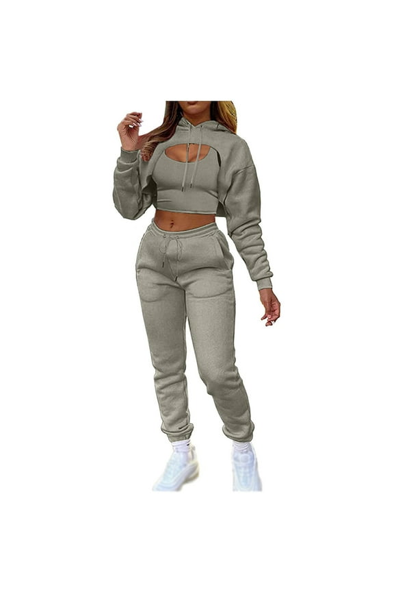 Tracksuit For Women 3 Pieces Set Solid Color Sling Vest Sweatshirt High Waist Pack Hip Straight With Pocket Pants Three-piece Suit Athletic Set,Gray