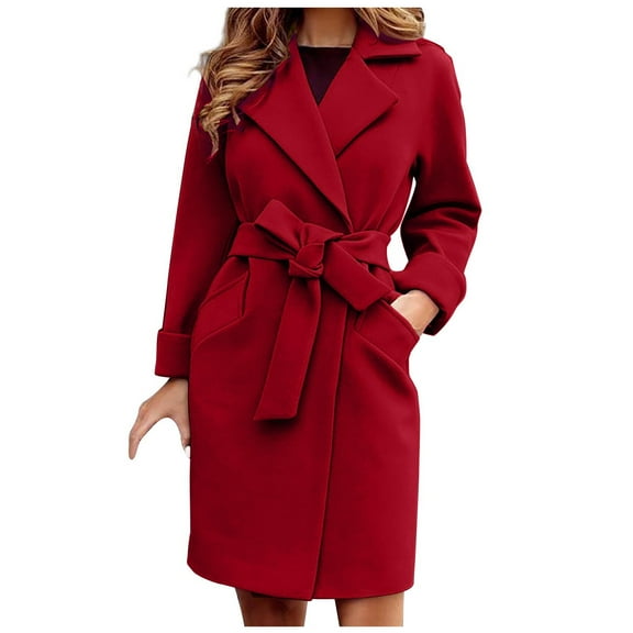 IROINNID Trench Coat for Women Fall Winter Woolen Coat Casual Trench Coat with Waistband Stylish Elegant Outerwear,Red