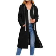 IROINNID Trench Coat for Women Savings Casual Long Sleeve Loose Hooded Zip Up Solid Coat with Pocket,Black