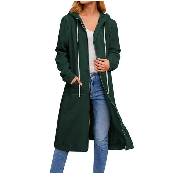 IROINNID Trench Coat for Women Casual Long Sleeve Loose Hooded Zip Up Solid Coat with Pocket,Green