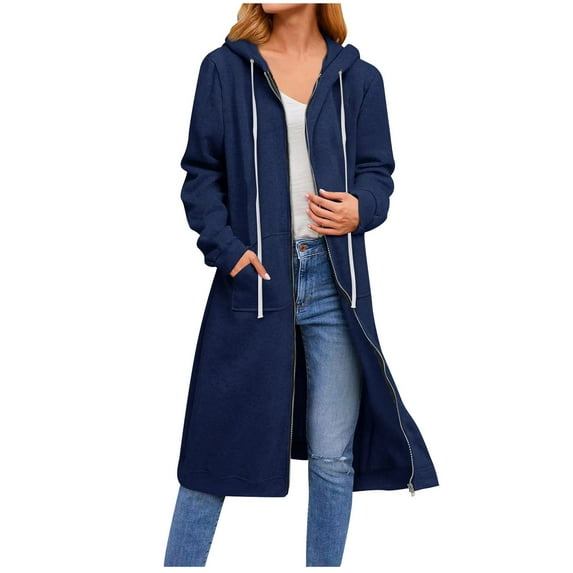 IROINNID Trench Coat for Women Casual Long Sleeve Loose Hooded Zip Up Solid Coat with Pocket,Navy