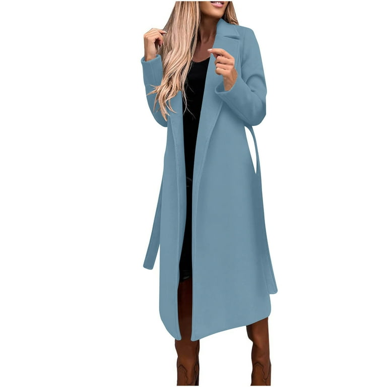 IROINNID Trench Coat for Women Solid Elegant Trench Coat Knee Length Versatile Autumn Winter Woolen Coat with Waistband Light Blue Walmart