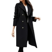 IROINNID Trench Coat for Women Winter Double Breasted Long Coat Casual Woolen Loose Fit Overcoat Outerwear with Pocket,Black