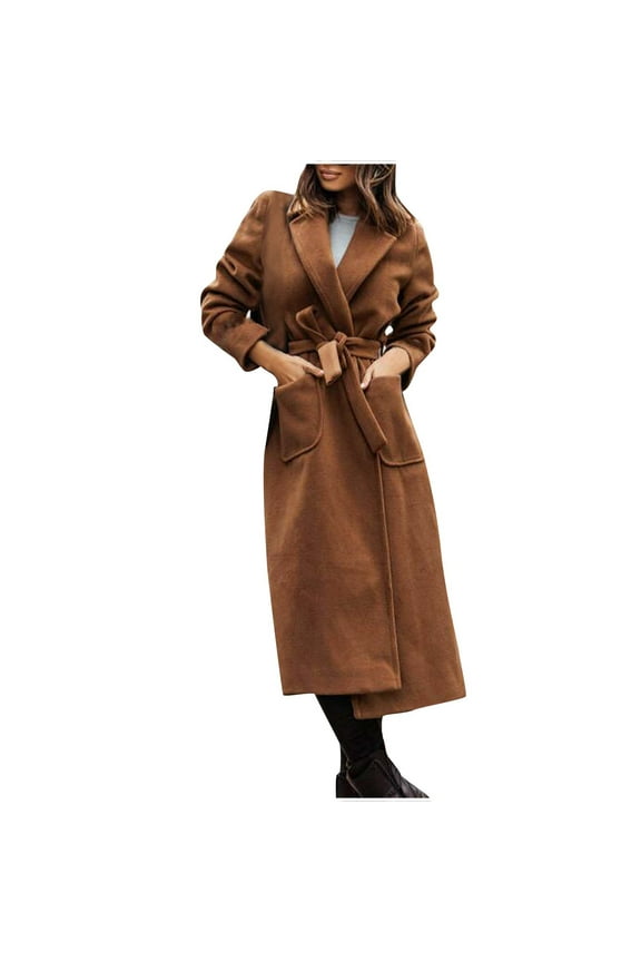 Trench Coat for Women Winter Fall Warm Long Coat Waist Belt Overcoat Classic Trendy Trench Coat with Pocket,Brown