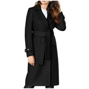 IROINNID Trench Coat for Women Winter Fall Woolen Long Coat Solid Belted Classic Overcoat Casual Outerwear,Black