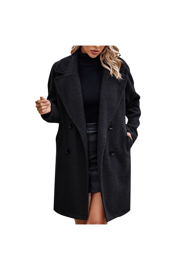 Trench Coat for Women Winter Plus Size Solid Button Shearling Long Coat Long Sleeve Thermal Coat with Pocket,Black