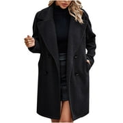 IROINNID Trench Coat for Women Winter Plus Size Solid Button Shearling Long Coat Long Sleeve Thermal Coat with Pocket,Black