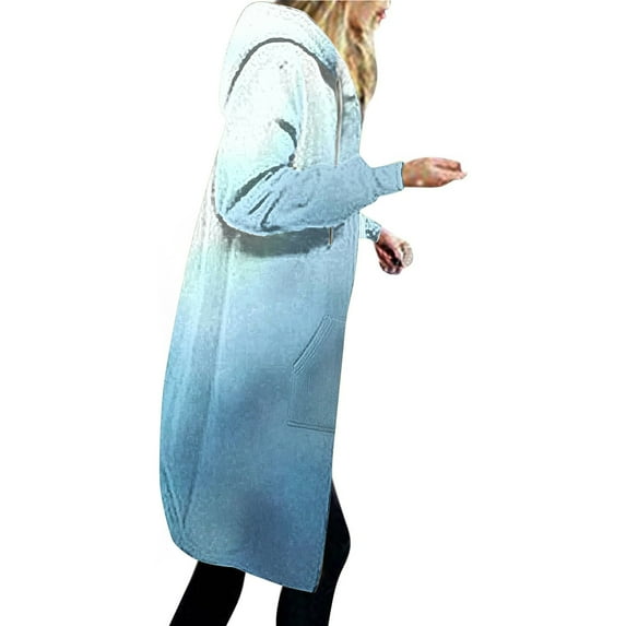 IROINNID Trench Coat for Women Winter Warm Coat Gradient Loose Hoodie Thermal Outerwear Knee Length Tops with Pocket,Light Blue