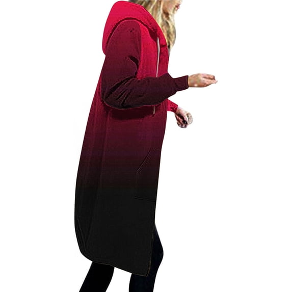 IROINNID Trench Coat for Women Winter Warm Coat Gradient Loose Hoodie Thermal Outerwear Knee Length Tops with Pocket,Red