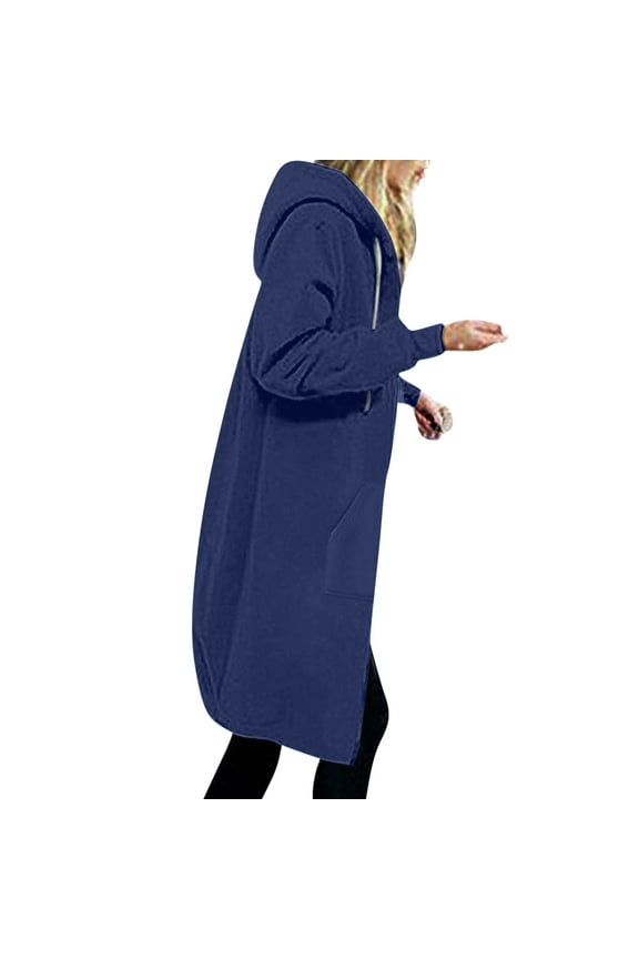 Trench Coat for Women Winter Warm Coat Loose Hooded Thermal Outerwear Knee Length Coat with Pocket,Blue