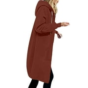 IROINNID Trench Coat for Women Winter Warm Coat Solid Loose Hooded Thermal Zip Up Outerwear Knee Length Outerwear with Pocket,Brown
