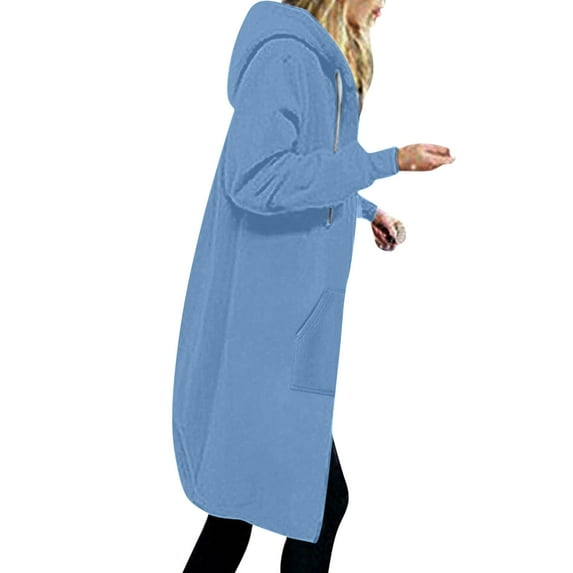 IROINNID Trench Coat for Women Winter Warm Coat Solid Loose Hooded Thermal Zip Up Outerwear Knee Length Outerwear with Pocket,Sky Blue