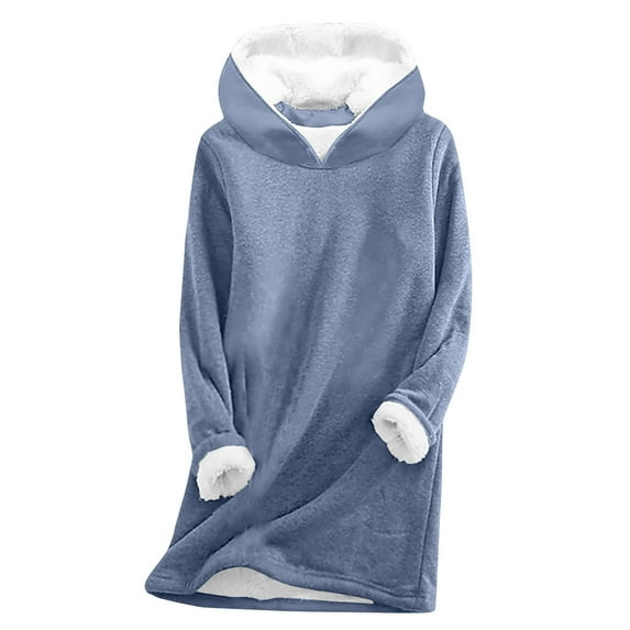 IROINNID Tunic Hoodie for Women Winter Warm Long Plush Sweatshirt Thickened Thermal Hooded Pullover Long Sleeve Solid Basic Tops,Navy