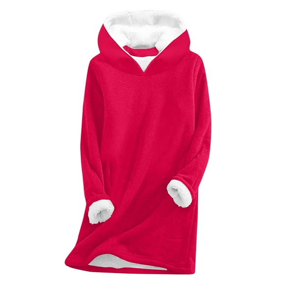 IROINNID Tunic Hoodie for Women Winter Warm Long Plush Sweatshirt Thickened Thermal Hooded Pullover Long Sleeve Solid Basic Tops,Red