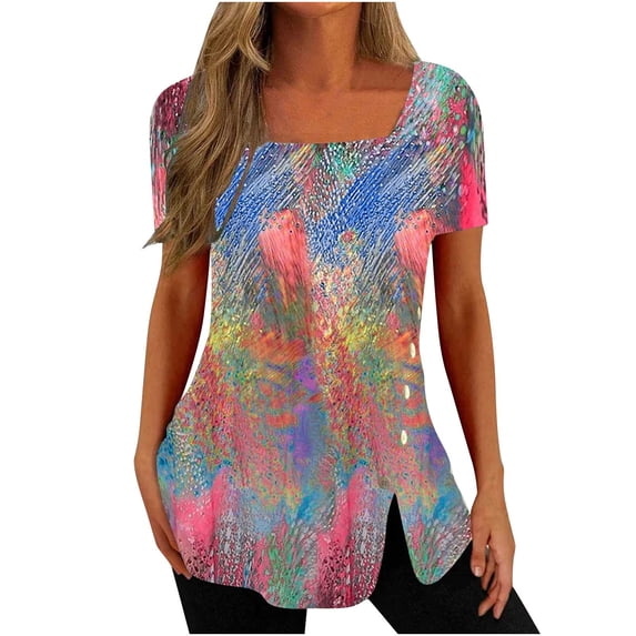 IROINNID Tunic Tops for Women Under 10$ Short Sleeve Square Neck Casual Printed Summer Loose Breathable Blouses Streetwear S-2XL Multicolor