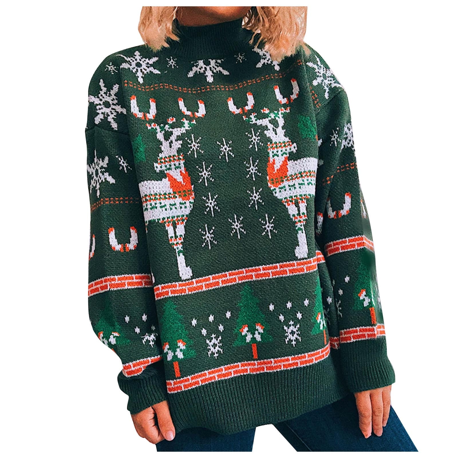 IROINNID Ugly Sweater for Christmas Women's Reindeer Xmas Print Winter Warm Ugly Sweater Long Sleeve Party Pullover,Green