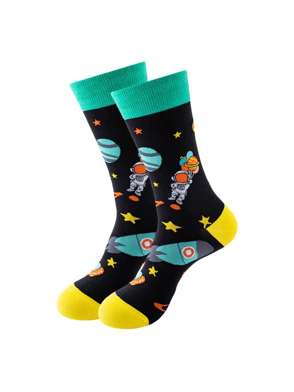 Unisex Cotton Novelty Crew Socks with Space Astronaut Planet Star Pattern Soft Stretch for Men Women Casual Holiday Gift Wear