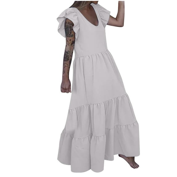 IROINNID V-Neck A-Line Dress For Women Fashion Casual Gorgeous Solid Summer Ruffles Sleeve Long Dress Comfort Waist Dress
