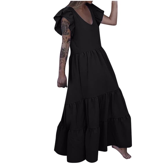 IROINNID V-Neck A-Line Dress For Women Fashion Casual Gorgeous Solid Summer Ruffles Sleeve Long Dress Comfort Waist Dress