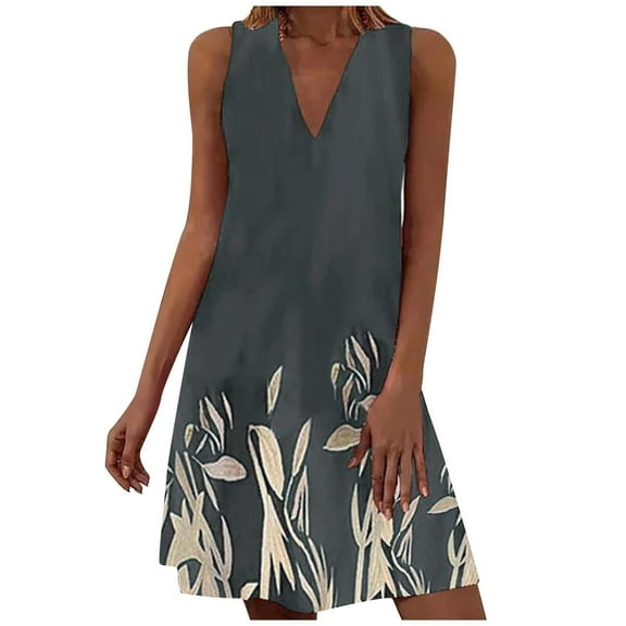 IROINNID V-Neck A-Line Dress For Women Fashion Summer Casual Print Sleeveless Tank Dress Mini Dress Comfort Waist Dress