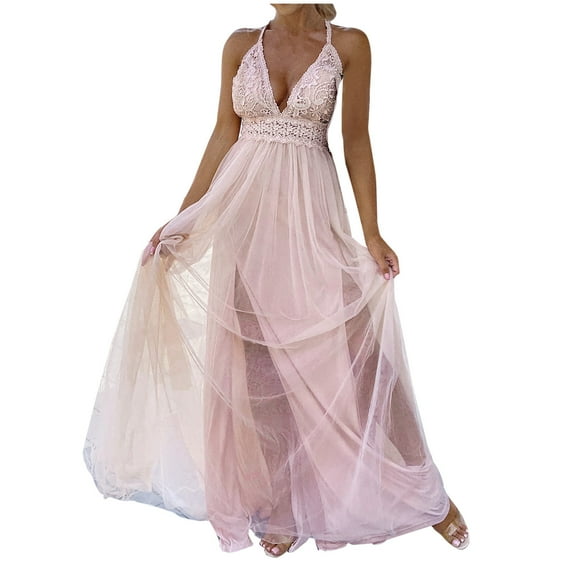 IROINNID V-Neck A-Line Dress For Women Fashion Summer Lace Patchwork Solid Camis Sleeveless Bandage Vest Long Dress Comfort Waist Dress