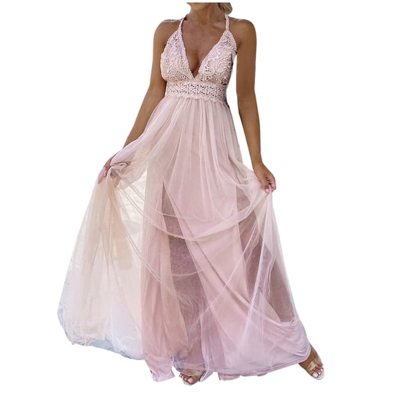 IROINNID V-Neck A-Line Dress For Women Fashion Summer Lace Patchwork Solid Camis Sleeveless Bandage Vest Long Dress Comfort Waist Dress