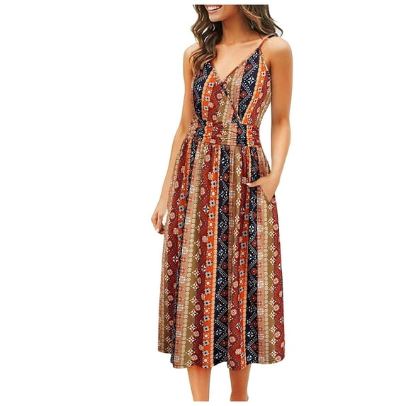 IROINNID V-Neck A-Line Dress For Women Gorgeous Sleeveless Hollow Out Printed Print Mid Dresses Comfort Waist Dress