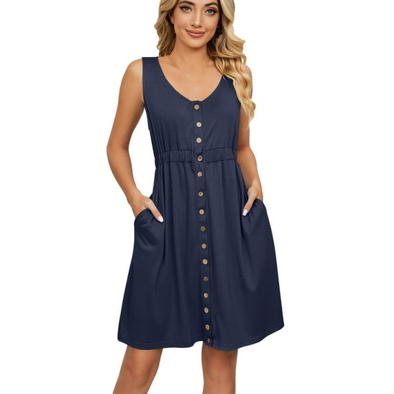 IROINNID V-Neck A-Line Dress For Women Sleeveless Solid Color Pocket Comfort Waist Dress