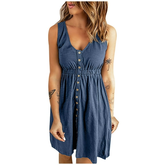 IROINNID V-Neck A-Line Dress For Women Solid Color Off Shoulder Waist Sleeveless Dress Comfort Waist Dress