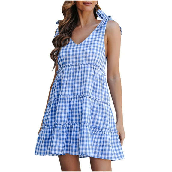 IROINNID V-Neck A-Line Dress For Women Summer Fashion Casual Lace-Up Plaid Wood Ear Swing Dress Comfort Waist Dress