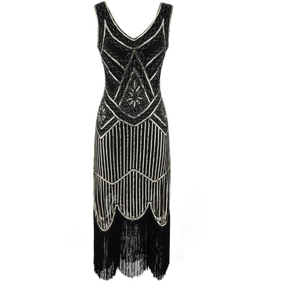 IROINNID V-Neck Sheath Dress For Women Plus Size Vintage 1920s Flapper Tassel Great Evening Party Cocktail Dress Empire Waist Dress