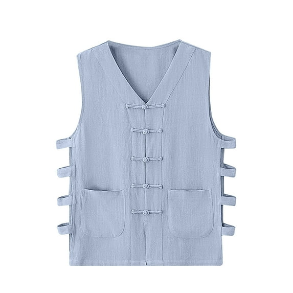 IROINNID V-Neck Tank Tops For Men Sleeveless Waistcoat Cotton And Linen Undershirt Vintage Buckle Sleeveless Pullover Solid Color Tops