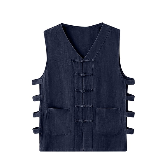 IROINNID V-Neck Tank Tops For Men Sleeveless Waistcoat Cotton And Linen Undershirt Vintage Buckle Sleeveless Pullover Solid Color Tops