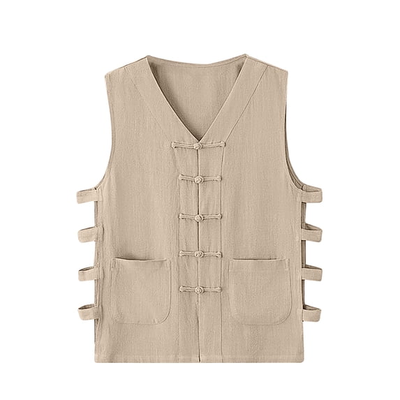 IROINNID V-Neck Tank Tops For Men Sleeveless Waistcoat Cotton And Linen Undershirt Vintage Buckle Sleeveless Pullover Solid Color Tops