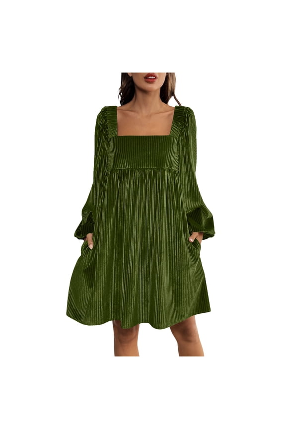 Velvet Dress for Women's Elegant Evening Gown Long Sleeve Wide Neck Knee Length Casual Party Wear Comfortable Soft Breathable Daily Dress(Mint Green,S)