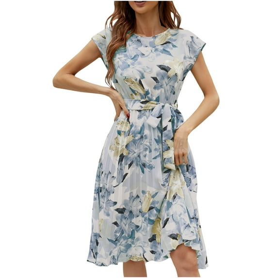 IROINNID Wedding Guest Dresses For Women Loose Short-Sleeved Round Neck Printed Pleated Dress Clearance Cheap