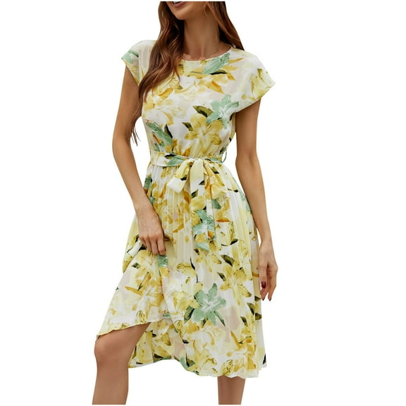 IROINNID Wedding Guest Dresses For Women Loose Short-Sleeved Round Neck Printed Pleated Dress